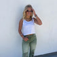 PREORDER: Blakeley Distressed Jeans In Olive and Camel